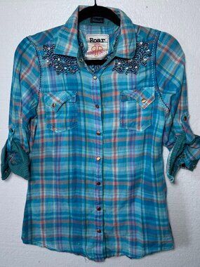 Roar Womens L Snap Front Western Shirt Embellished Plaid Rhinestone Embroidered